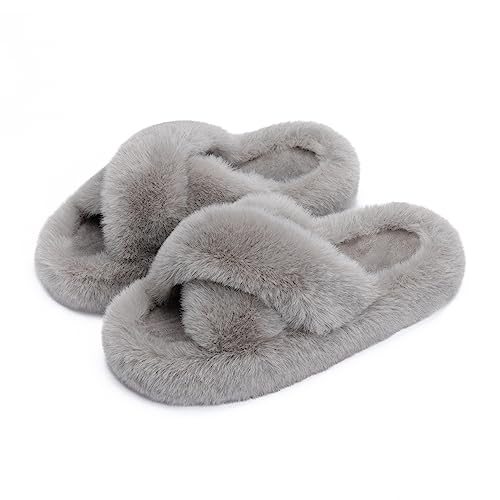 Chantomoo Women's Cross Slippers Memory Foam House Bedroom Slippers for Women Fuzzy Plush Comfy Faux Fur Lined Slide Shoes Anti-Skid Sole Trendy Gift Slippers Grey Size7 8 6.5 - Image 1
