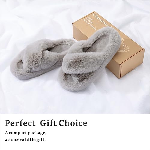 Chantomoo Women's Cross Slippers Memory Foam House Bedroom Slippers for Women Fuzzy Plush Comfy Faux Fur Lined Slide Shoes Anti-Skid Sole Trendy Gift Slippers Grey Size7 8 6.5 - Image 5