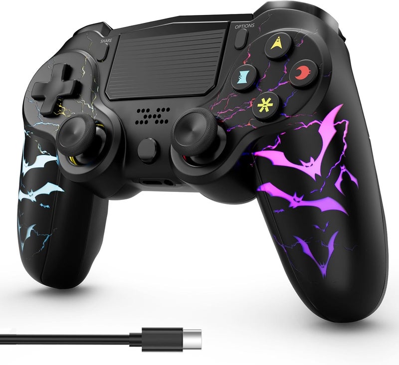 Wireless Controller for PS4,LED Controller for Playstation 4 with 5 Light Modes/USB-C Charging Port/Touchpad/Dual Motors/6-Axis Gyro/3.5mm Audio Jack,Black Bats-Shape Light Design Game Control for PS4 - Image 1