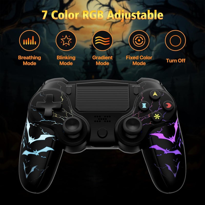 Wireless Controller for PS4,LED Controller for Playstation 4 with 5 Light Modes/USB-C Charging Port/Touchpad/Dual Motors/6-Axis Gyro/3.5mm Audio Jack,Black Bats-Shape Light Design Game Control for PS4 - Image 2