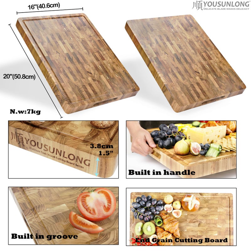 YOUSUNLONG 20x16 Inch Large Cutting Board for Kitchen - 1.5" Thick Sustainable Teakwood Cutting Board With Built-in Juice Groove And Handle - For turkey, meat, vegetable and cheese grill boards - Image 2
