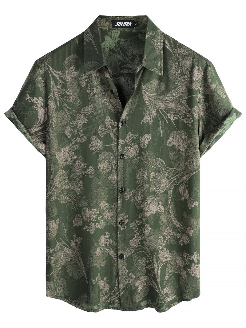 JOTOOK Mens Hawaiian Shirt Short Sleeve Button Down Tropical Shirts Casual Floral Summer Beach Shirt Large ArmyGreen - Image 1