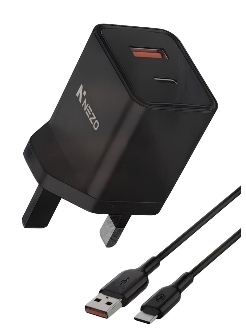 نيزو شاحن سريع الشحن بقوة 25 واط بمنفذ USB ومنفذ تايب سي مع كابل شحن تايب سي باللون الأسود - Image 1
