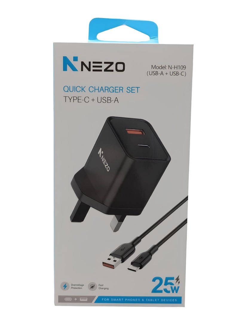 نيزو شاحن سريع الشحن بقوة 25 واط بمنفذ USB ومنفذ تايب سي مع كابل شحن تايب سي باللون الأسود - Image 2