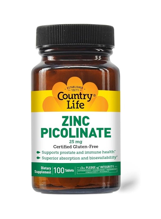 Country Life Zinc Picolinate 25mg  Skincare Prostate and Immune Health 100 Vegan Capsules