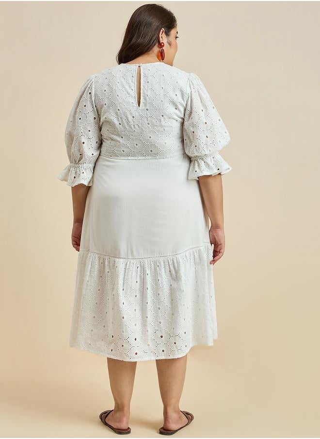 Femmella - Texture Cotton Schiffli Tiered Midi Dress by Styli - Image 1