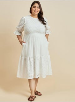 Texture Cotton Schiffli Tiered Midi Dress by Styli
