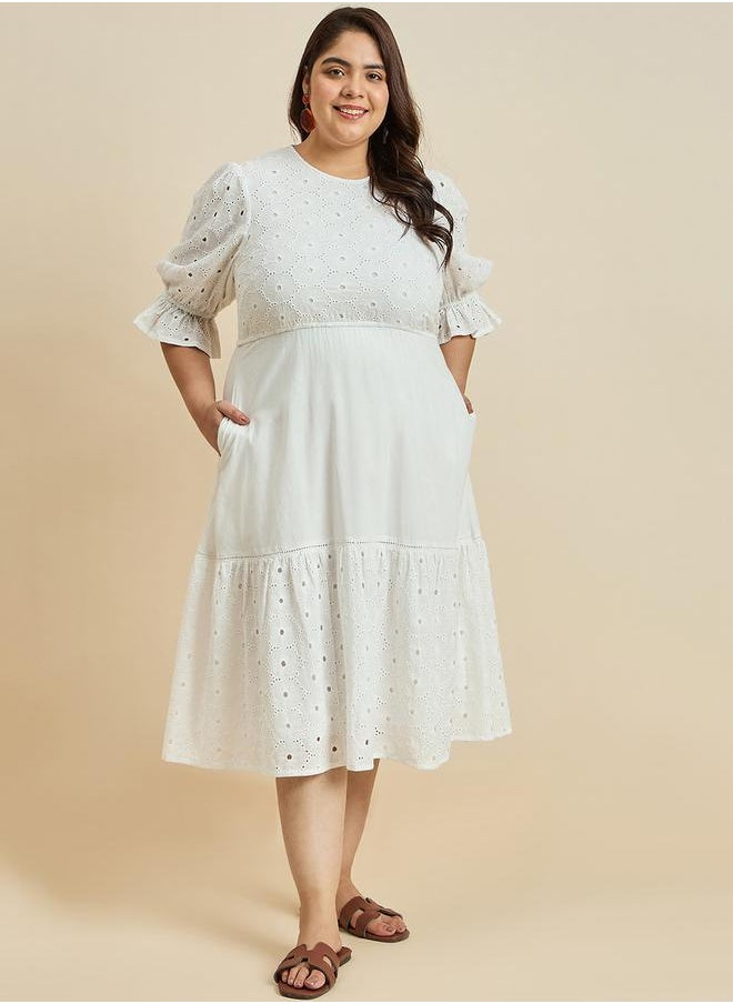 Femmella - Texture Cotton Schiffli Tiered Midi Dress by Styli - Image 1