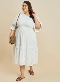 Femmella Texture Cotton Schiffli Tiered Midi Dress by Styli  - Image 3