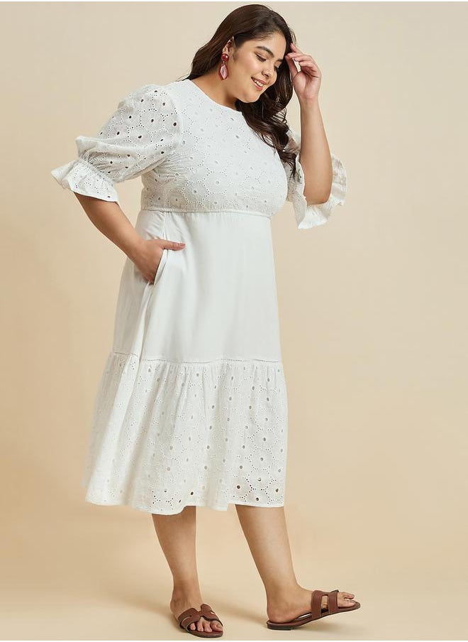 Femmella - Texture Cotton Schiffli Tiered Midi Dress by Styli - Image 1
