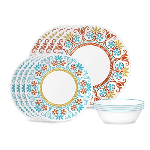 Corelle Global Collection Vitrelle 12-Piece Dinnerware Set, Triple Layer Recycled Glass, Lightweight Eco-Friendly Round Plates and Bowls Set, Terracotta Dreams - Image 1