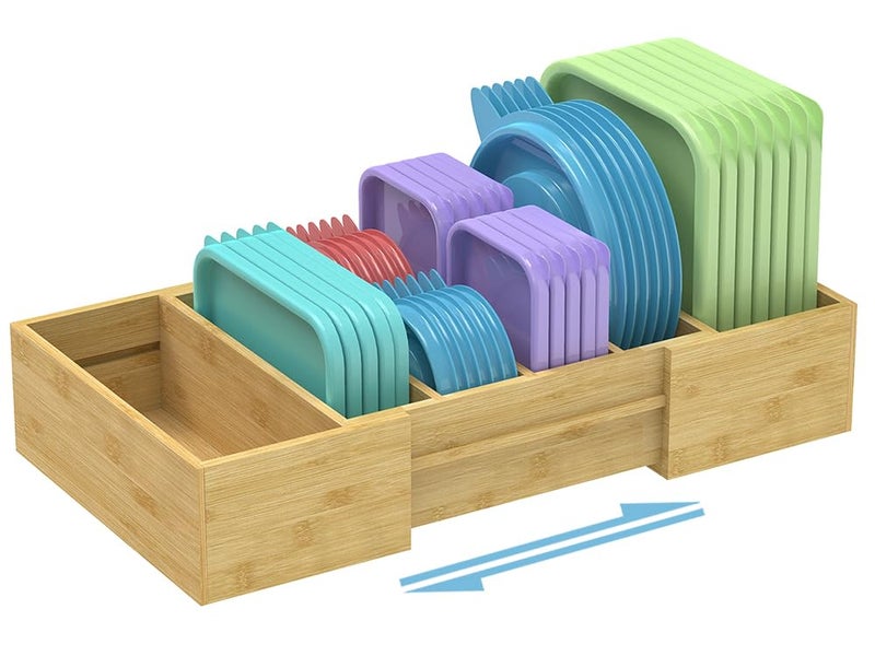 Retro Shaw Large Expandable Kitchen Lids Organizer for Cabinet, Covers, Pantry, Drawer & Countertop Storage, with 3 Adjustable Dividers, Hand-made Bamboo Food Container - Image 1