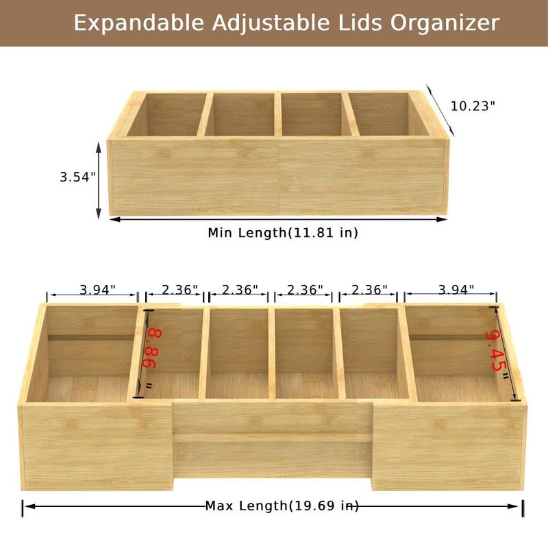Retro Shaw Large Expandable Kitchen Lids Organizer for Cabinet, Covers, Pantry, Drawer & Countertop Storage, with 3 Adjustable Dividers, Hand-made Bamboo Food Container - Image 2