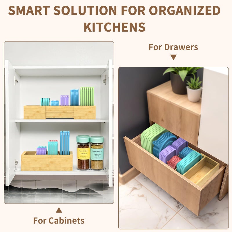 Retro Shaw Large Expandable Kitchen Lids Organizer for Cabinet, Covers, Pantry, Drawer & Countertop Storage, with 3 Adjustable Dividers, Hand-made Bamboo Food Container - Image 4