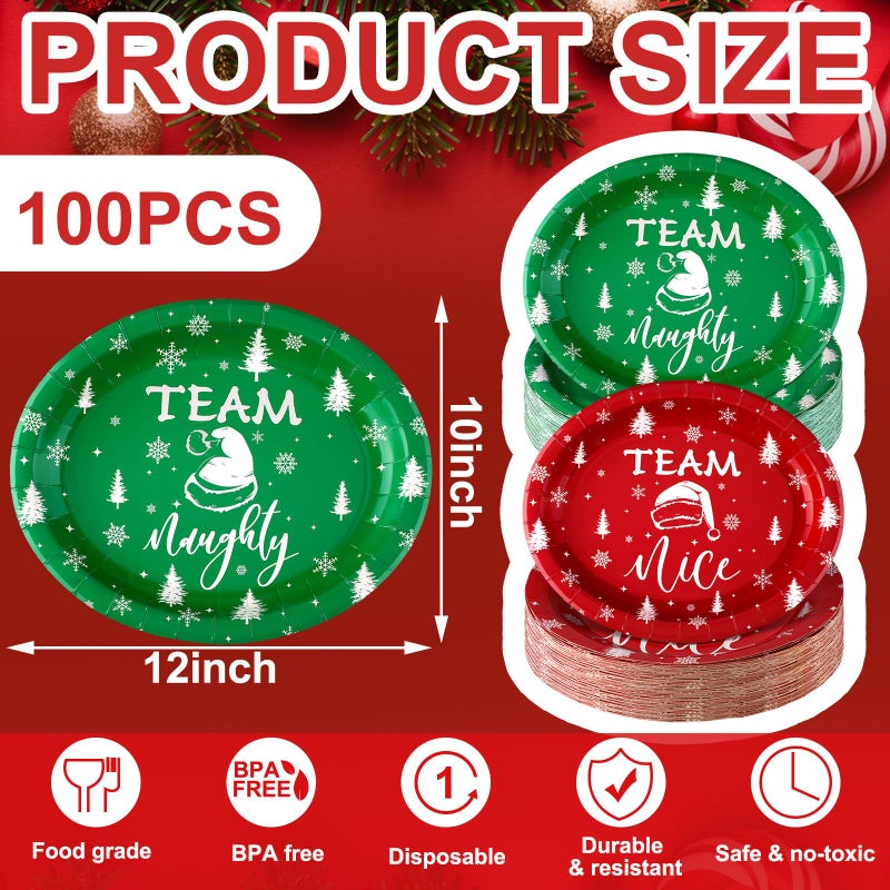 Tioncy 100 Pcs Christmas Paper Plates Party Decorations Team Naughty or Nice Disposable Oval Plates 10'' x 12'' Christmas Dinner Gifts Bulk Disposable Set for Holiday Party - Image 1