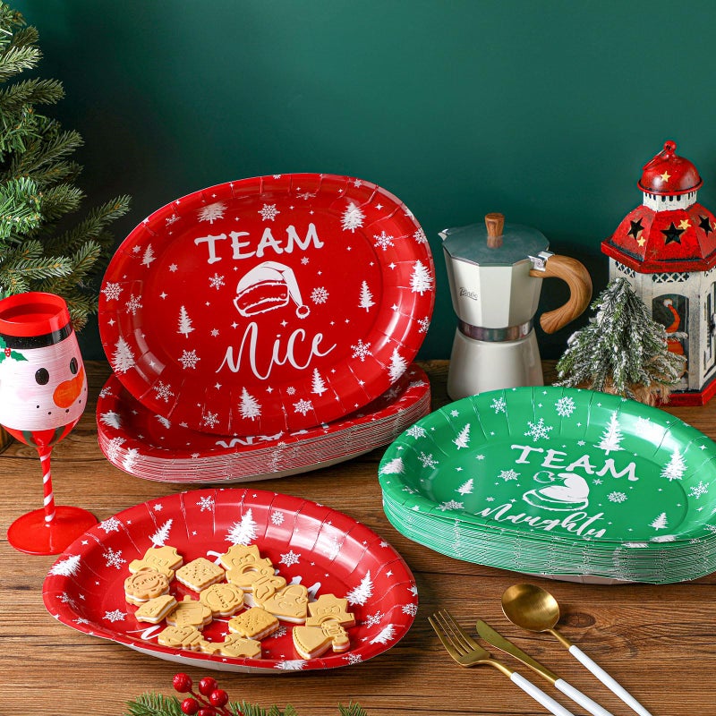 Tioncy 100 Pcs Christmas Paper Plates Party Decorations Team Naughty or Nice Disposable Oval Plates 10'' x 12'' Christmas Dinner Gifts Bulk Disposable Set for Holiday Party - Image 2