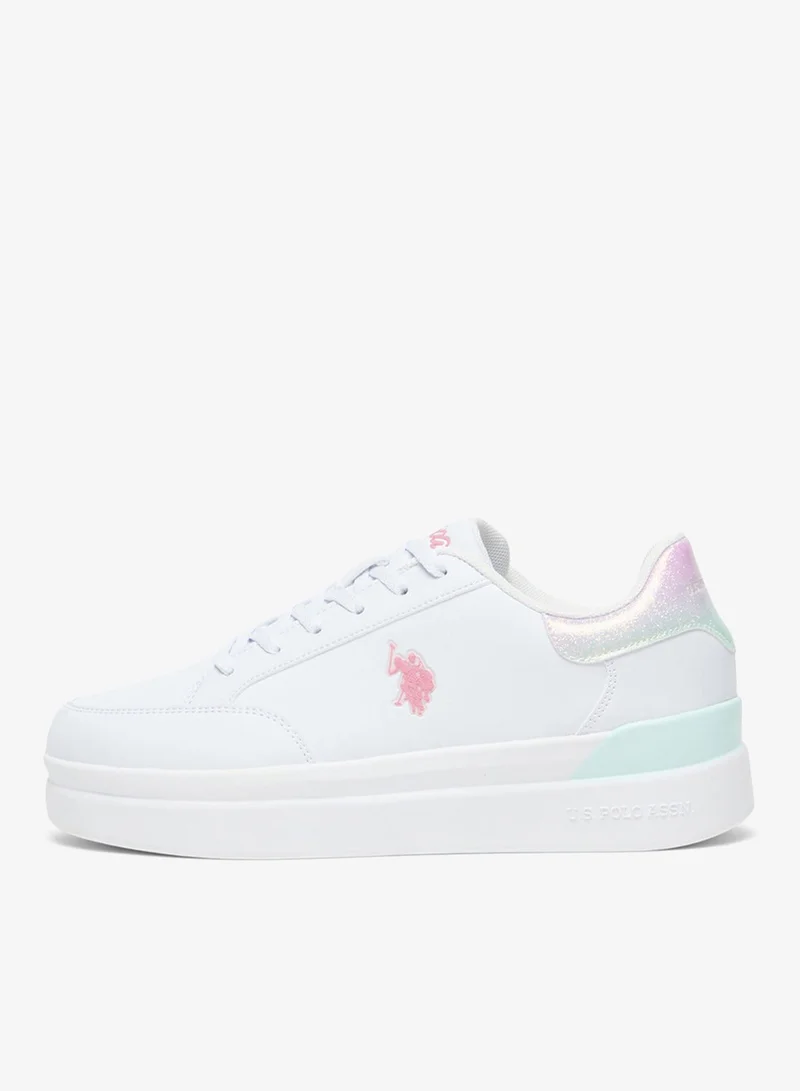 U.S. Polo Assn. Women's White Platform Sneakers with Iridescent Heel and Pink Logo - Casual Lace-Up Design with Comfort Cushioned Sole for Everyday Wear