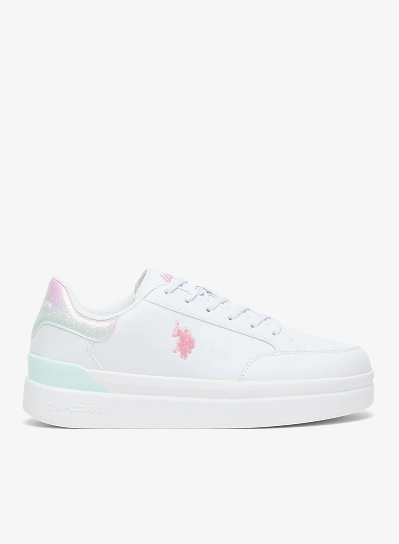 U.S. Polo Assn. Women's White Platform Sneakers with Iridescent Heel and Pink Logo - Casual Lace-Up Design with Comfort Cushioned Sole for Everyday Wear