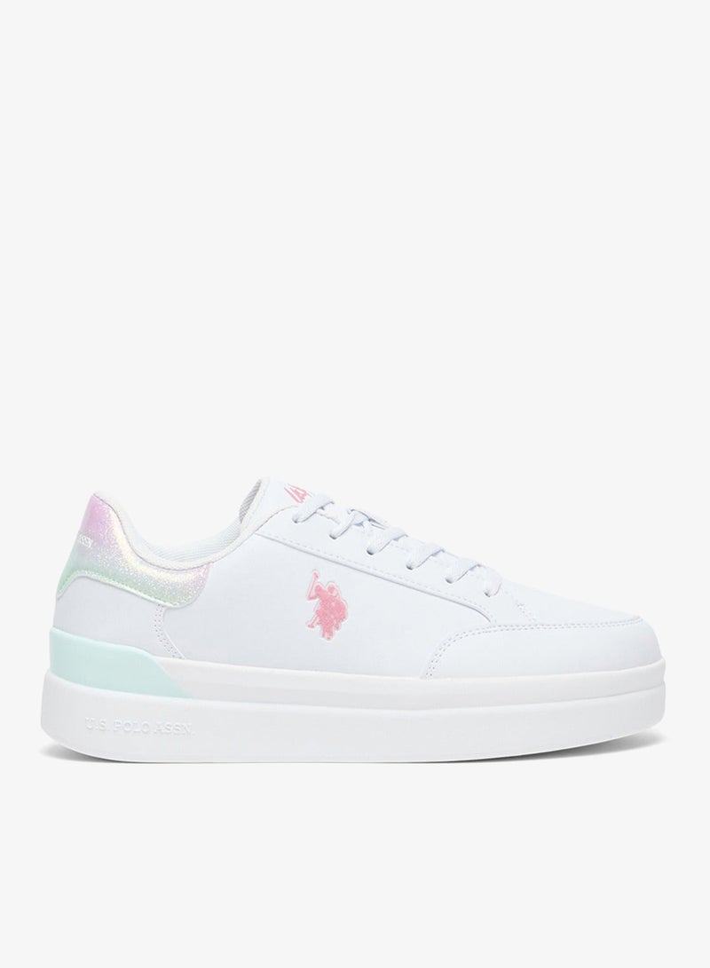 U.S. Polo Assn. Women's White Platform Sneakers with Iridescent Heel and Pink Logo - Casual Lace-Up Design Shoes with Comfort Cushioned Sole for Everyday Wear - Image 1