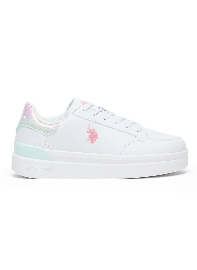 U.S. Polo Assn. Women's White Platform Sneakers with Iridescent Heel and Pink Logo - Casual Lace-Up Design with Comfort Cushioned Sole for Everyday Wear