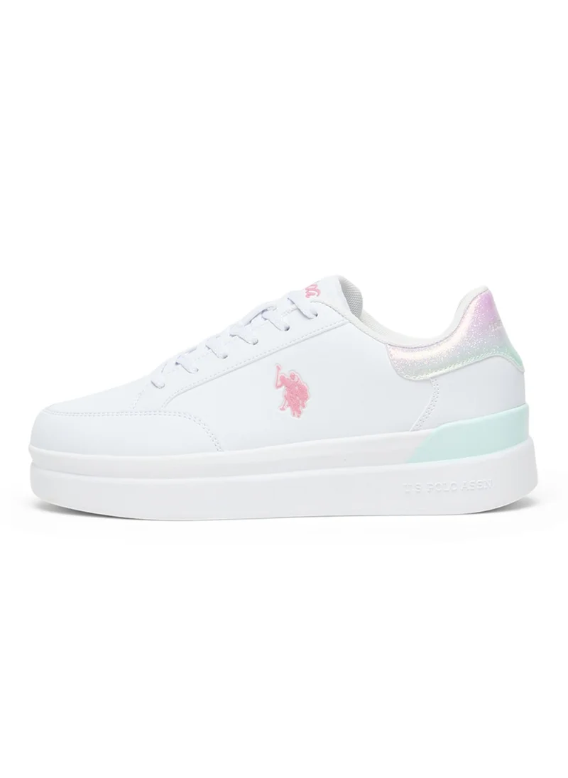 U.S. Polo Assn. Women's White Platform Sneakers with Iridescent Heel and Pink Logo - Casual Lace-Up Design with Comfort Cushioned Sole for Everyday Wear