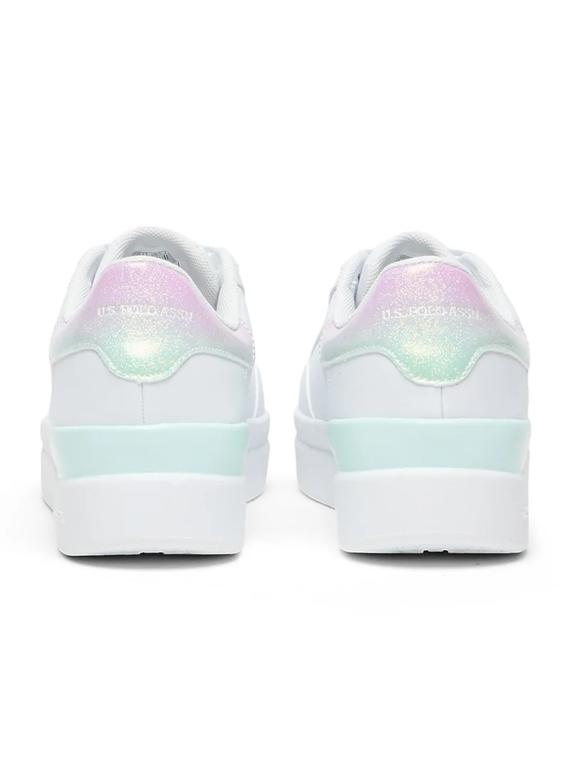 U.S. Polo Assn. Women's White Platform Sneakers with Iridescent Heel and Pink Logo - Casual Lace-Up Design with Comfort Cushioned Sole for Everyday Wear