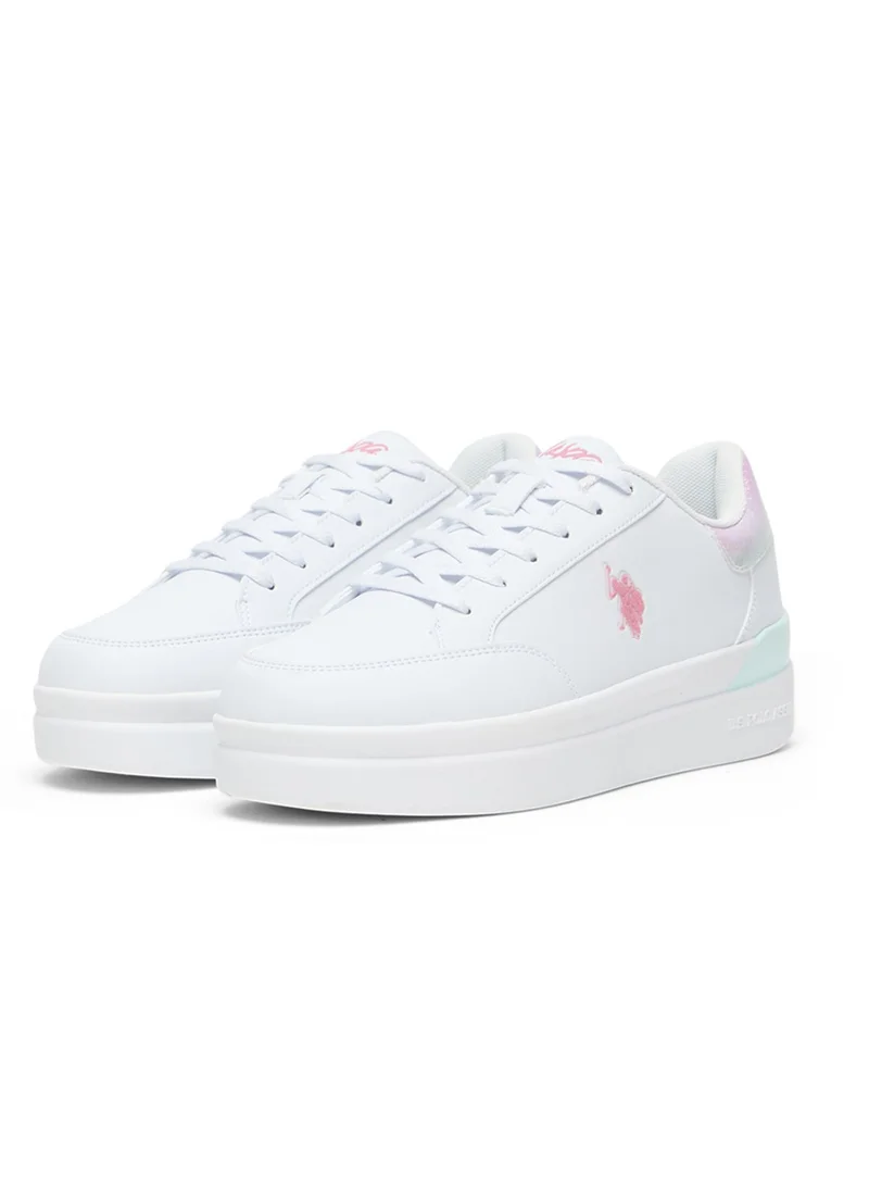 U.S. Polo Assn. Women's White Platform Sneakers with Iridescent Heel and Pink Logo - Casual Lace-Up Design with Comfort Cushioned Sole for Everyday Wear