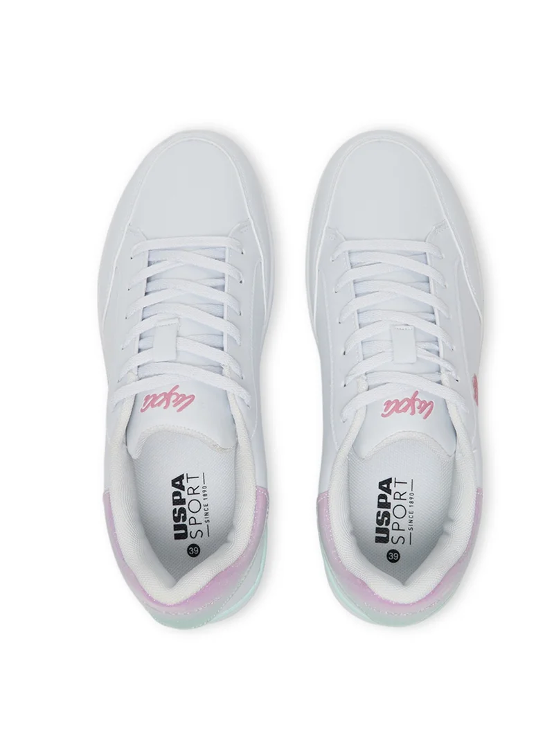 U.S. Polo Assn. Women's White Platform Sneakers with Iridescent Heel and Pink Logo - Casual Lace-Up Design with Comfort Cushioned Sole for Everyday Wear