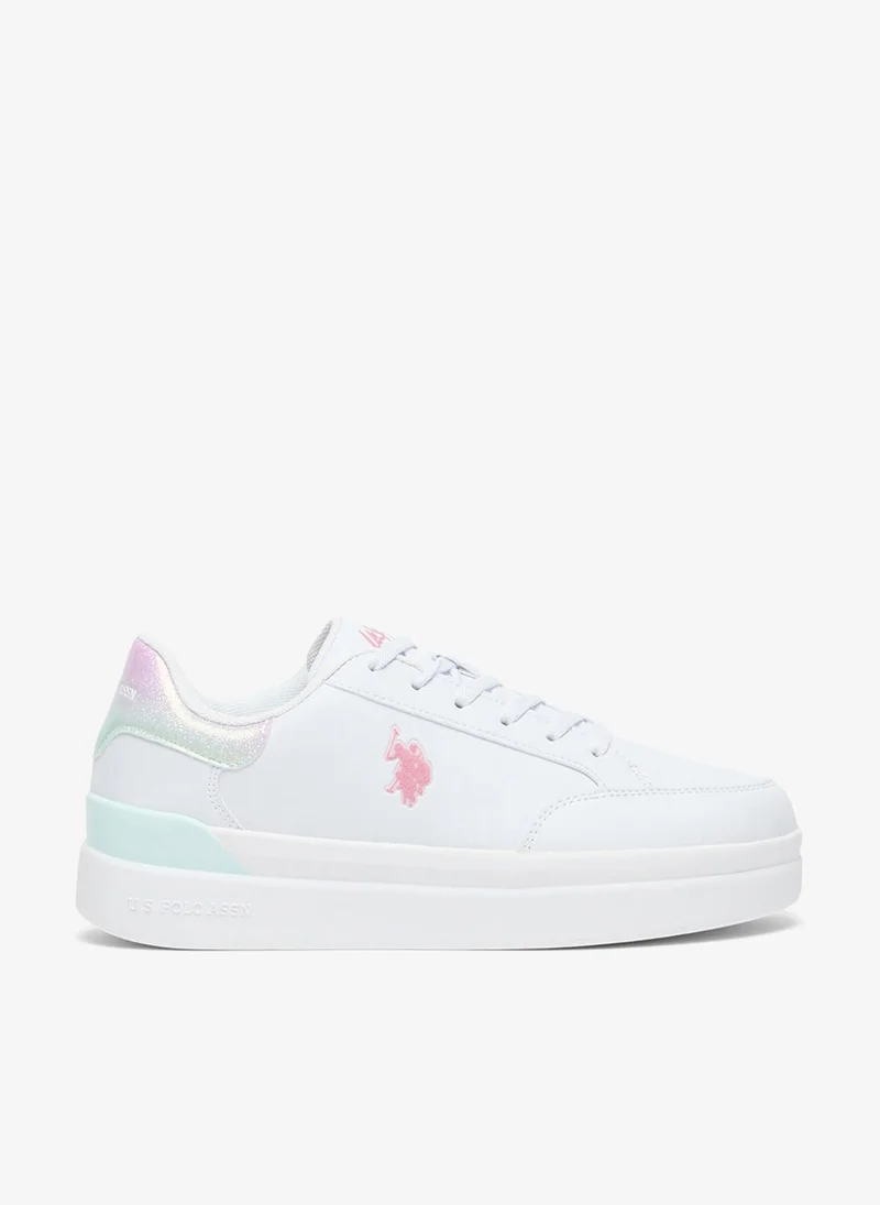Women's White Platform Sneakers with Iridescent Heel and Pink Logo - Casual Lace-Up Design Shoes with Comfort Cushioned Sole for Everyday Wear