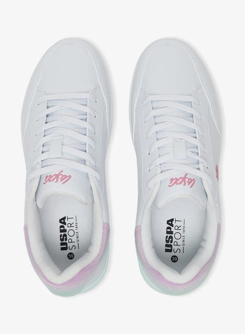 U.S. Polo Assn. White/Dark Pink Women's White Platform Sneakers with Iridescent Heel and Pink Logo - Casual Lace-Up Design Shoes with Comfort Cushioned Sole for Everyday Wear for Women | Best Price UAE