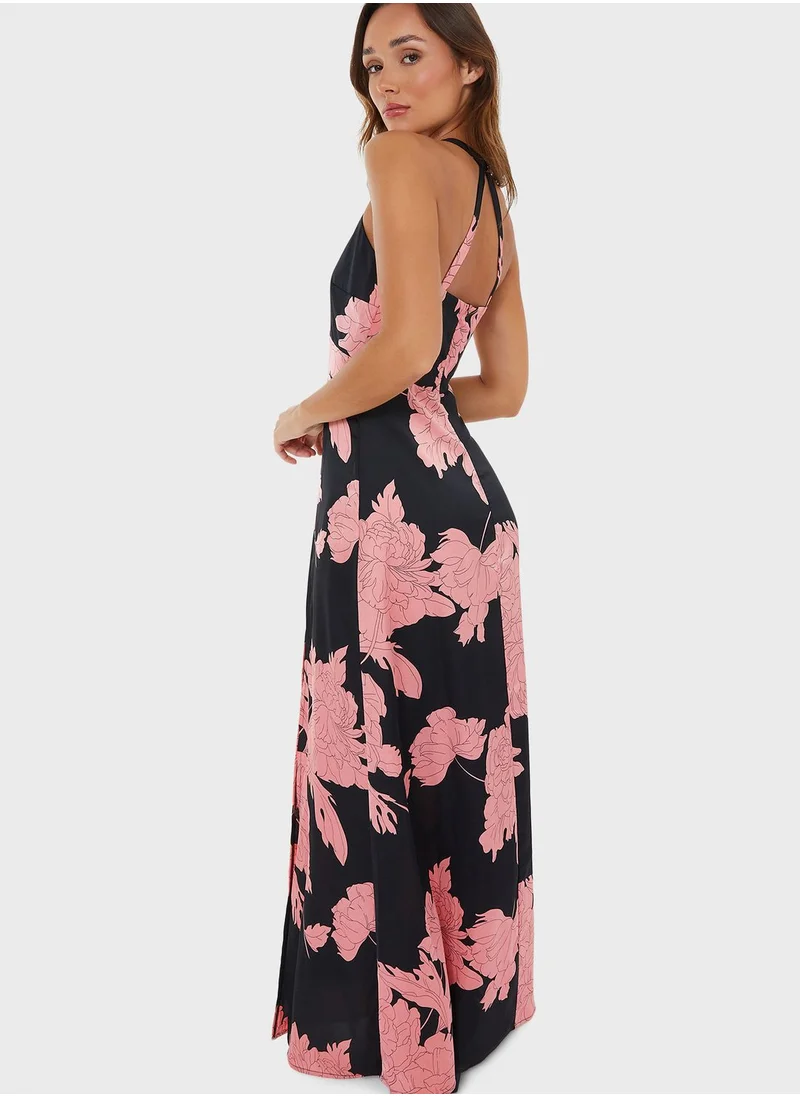 QUIZ Halter Neck Floral Print Side Slit Dress