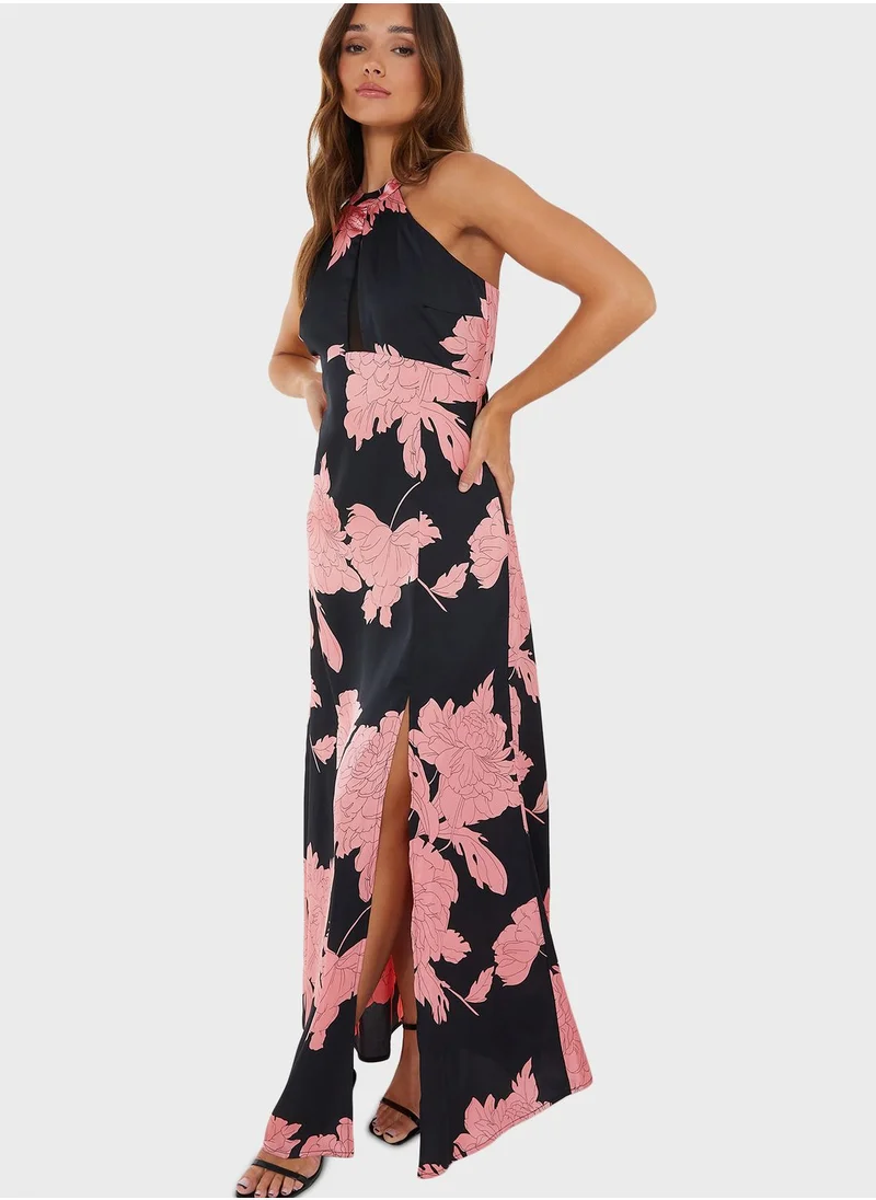 QUIZ Halter Neck Floral Print Side Slit Dress