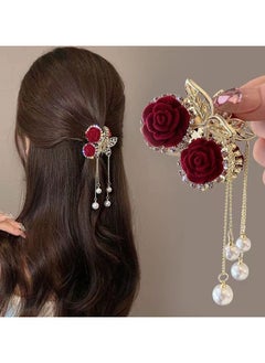 Elegant Red Rose Tassel Rhinestone Small Claw Clip, Decorative Hair Accessories Photography Prop, Ideal Choice For Valentine's Day Gift