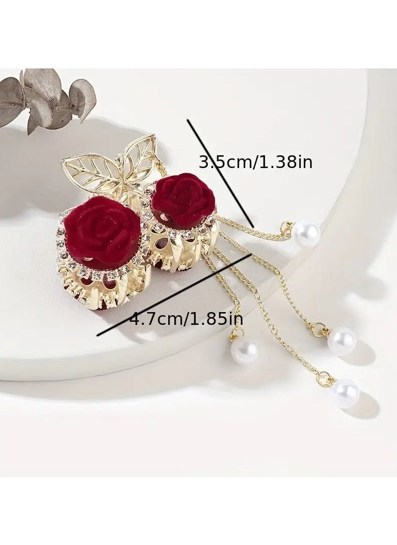 Goolsky - Elegant Red Rose Tassel Rhinestone Small Claw Clip, Decorative Hair Accessories Photography Prop, Ideal Choice For Valentine's Day Gift - Image 1