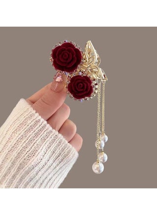 Elegant Red Rose Tassel Rhinestone Small Claw Clip, Decorative Hair Accessories Photography Prop, Ideal Choice For Valentine's Day Gift - view 3