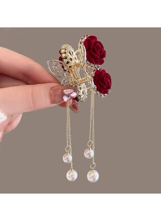 Elegant Red Rose Tassel Rhinestone Small Claw Clip, Decorative Hair Accessories Photography Prop, Ideal Choice For Valentine's Day Gift - view 4
