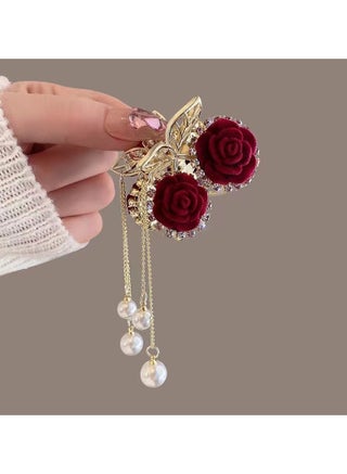 Elegant Red Rose Tassel Rhinestone Small Claw Clip, Decorative Hair Accessories Photography Prop, Ideal Choice For Valentine's Day Gift - view 5