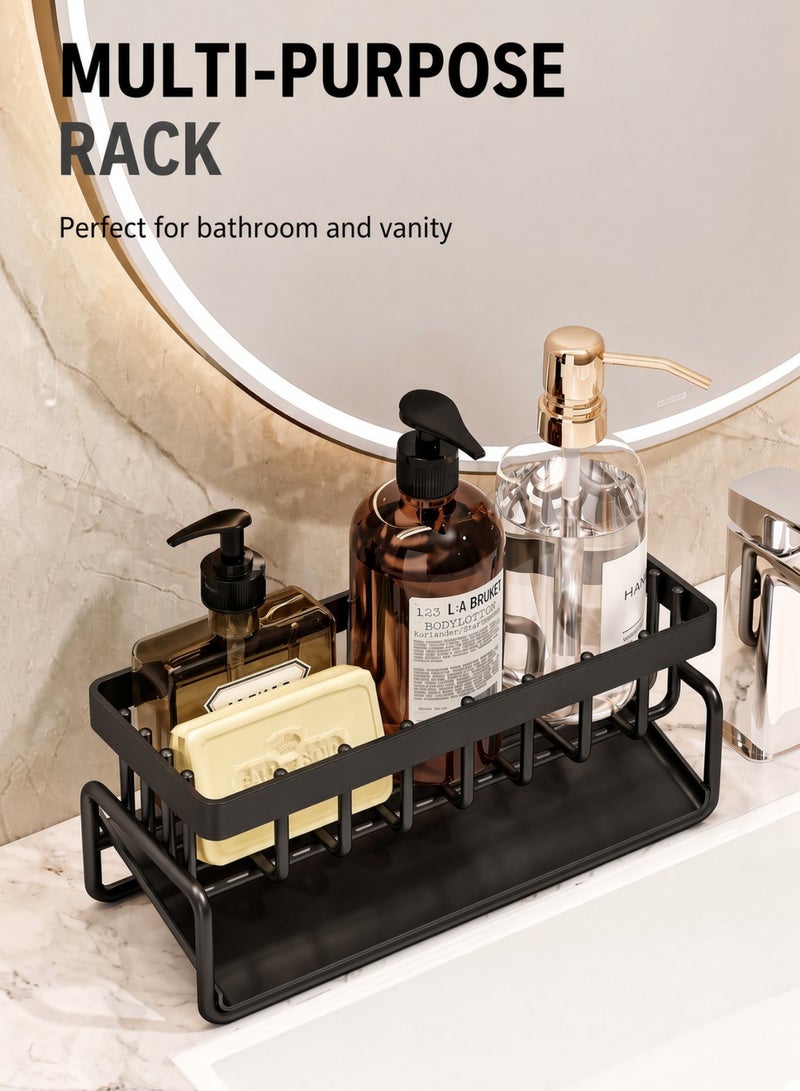Kitchen Sink Caddy Black Kitchen Organizer with Drain Tray and Towel Rail for Sponge Soap Brush, Rust Resistant Sponge Holder - Image 3