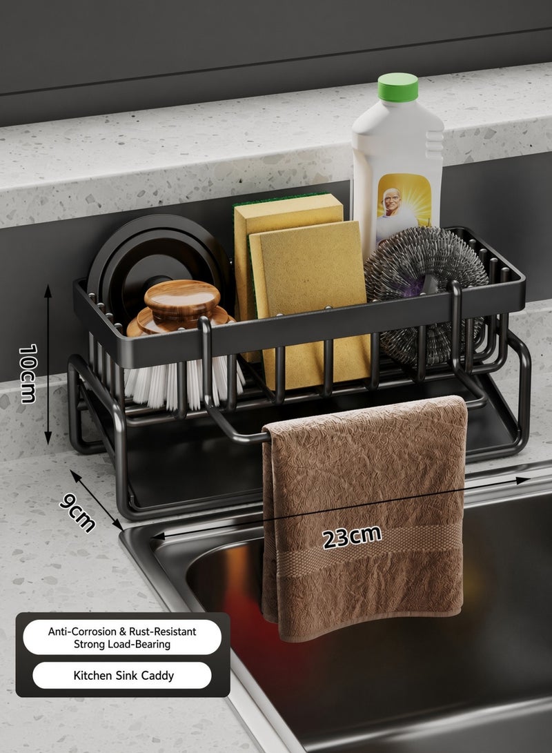 Kitchen Sink Caddy Black Kitchen Organizer with Drain Tray and Towel Rail for Sponge Soap Brush, Rust Resistant Sponge Holder - Image 1
