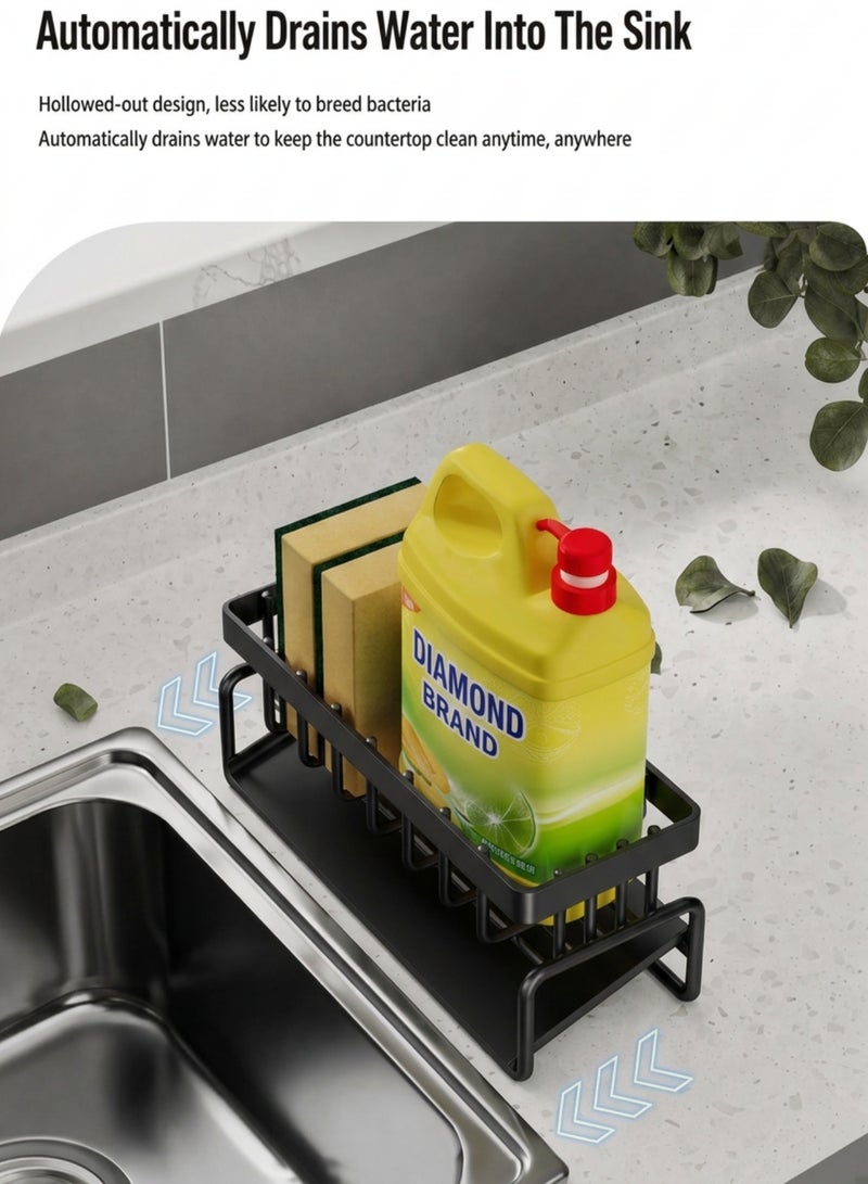Kitchen Sink Caddy Black Kitchen Organizer with Drain Tray and Towel Rail for Sponge Soap Brush, Rust Resistant Sponge Holder - Image 4