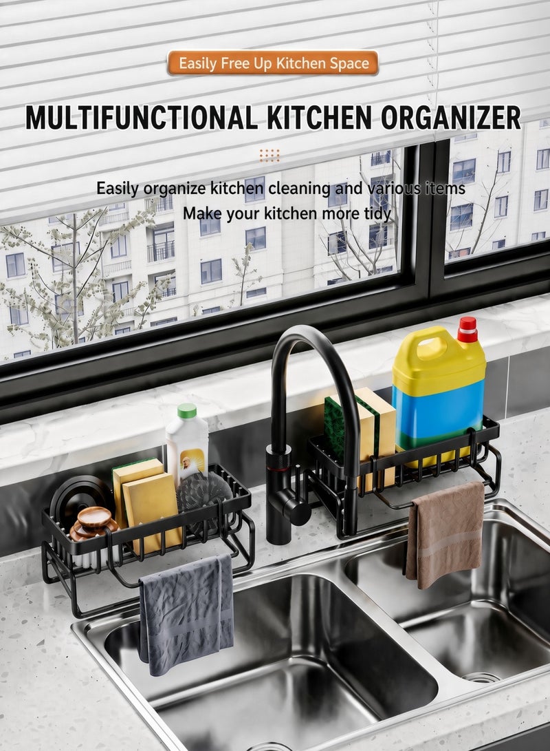 Kitchen Sink Caddy Black Kitchen Organizer with Drain Tray and Towel Rail for Sponge Soap Brush, Rust Resistant Sponge Holder - Image 2