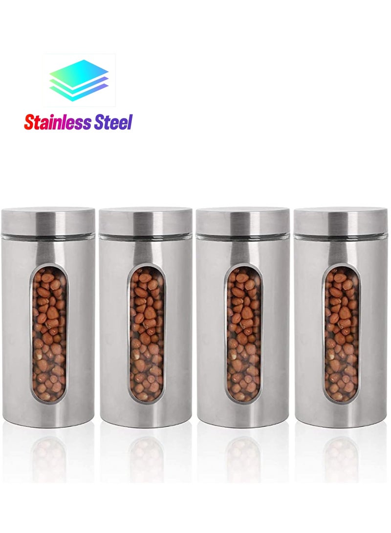 4 piece set Stainless Steel Food Storage Canister Sets with Glass Visible Window u0026 Airtight Lids,Airtight Sugar Coffee Tea Candy Storage Jars，Food Storage Containers Grain Storage Tank (1300ml) - Image 1