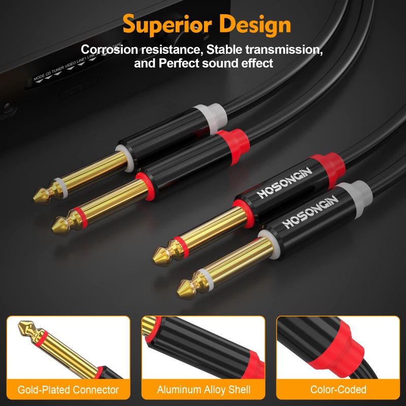 HOSONGIN Dual 1/4 inch TS to Dual 1/4 inch TS Stereo Interconnect Insert Cable, PVC Jacket Gold-Plated Plug Double Shielding Cable, 3.3 Feet - Image 3