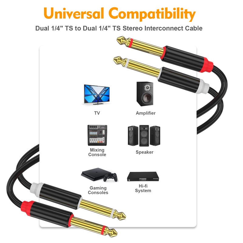 HOSONGIN Dual 1/4 inch TS to Dual 1/4 inch TS Stereo Interconnect Insert Cable, PVC Jacket Gold-Plated Plug Double Shielding Cable, 3.3 Feet - Image 2