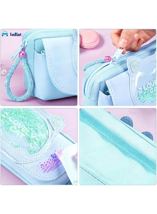 فنبلاست حقيبة أدوات مكتبية من FunBlast للبنات - حقيبة أقلام كبيرة السعة، حافظة أقلام متعددة الأغراض مع قفل بسحاب، حقيبة كاواي، حقيبة أقلام وقلامة للأطفال في المدارس، البنات (أزرق سماوي) - Image 5