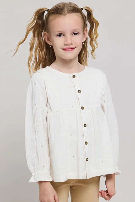 أر أند بي Embroidered Top with Round Neck and Puff Sleeves