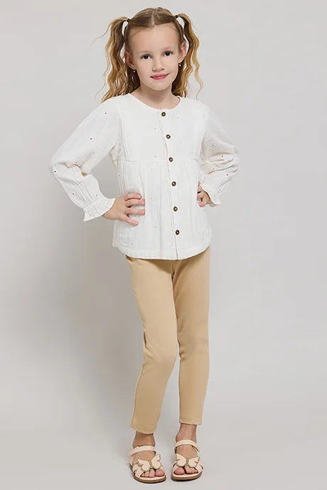 أر أند بي Embroidered Top with Round Neck and Puff Sleeves