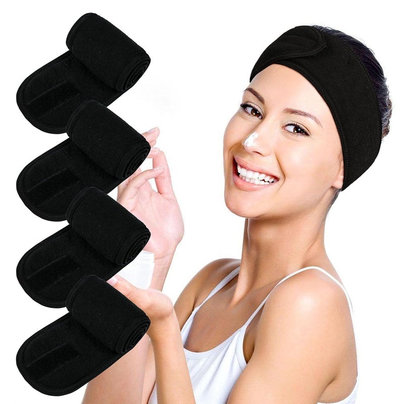 Facial Spa Headbands 4PCS Makeup Shower Bath Wrap Sport Headband Terry Cloth Stretch Towel with Magic Tape Black