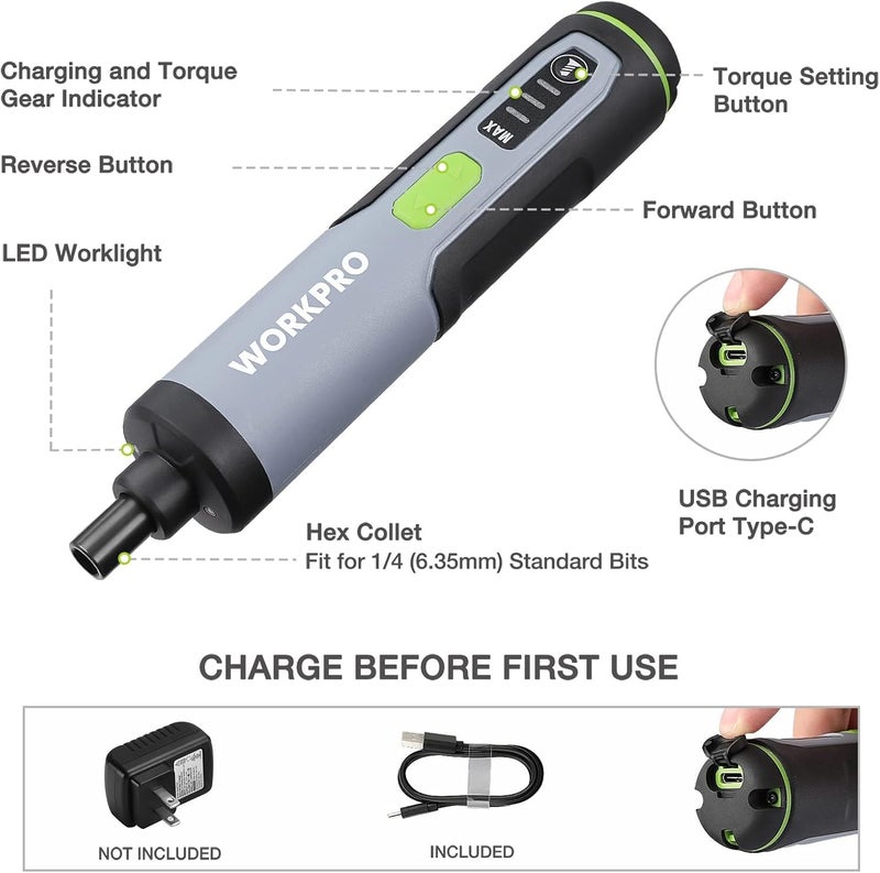 WORKPRO 3.6V Electric Screwdriver Set with 35 Bits, Extension Rod, USB Charging Cable, and Carrying Case - Grey - Image 2