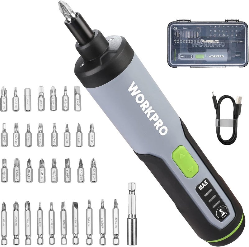 WORKPRO 3.6V Electric Screwdriver Set with 35 Bits, Extension Rod, USB Charging Cable, and Carrying Case - Grey - Image 1